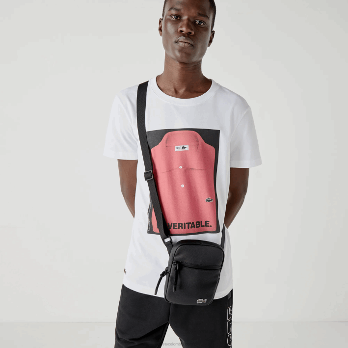 hombres Lacoste 6F242018 negro 000 bolsa crossbody plana pequeña de lona revestida lcst