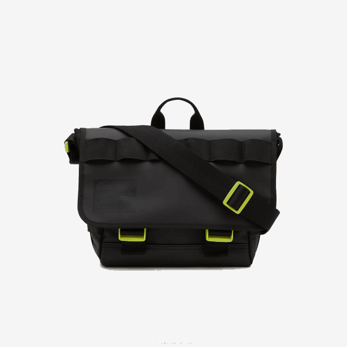 hombres Lacoste 6F242036 negro lima k68 bolsa messenger repelente al agua con estampado de la firma hombres Lacoste 6F242036 negro lima k68 bolsa messenger repelente al agua con estampado de la firma