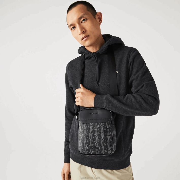 hombres Lacoste 6F242038 monograma noir gris h45 bolso vertical de lona con monograma blend hombres Lacoste 6F242038 monograma noir gris h45 bolso vertical de lona con monograma blend