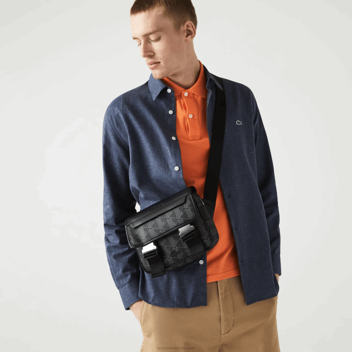 hombres Lacoste 6F242067 monograma noir gris h45 bolso messenger de lona con monograma recortado hombres Lacoste 6F242067 monograma noir gris h45 bolso messenger de lona con monograma recortado