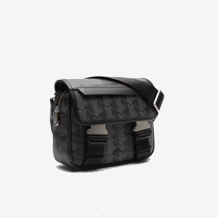 hombres Lacoste 6F242067 monograma noir gris h45 bolso messenger de lona con monograma recortado