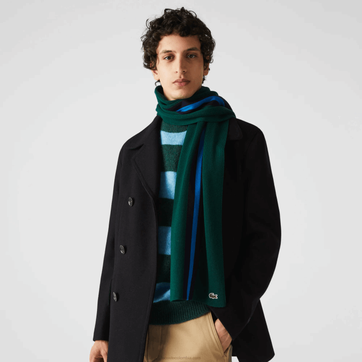 hombres Lacoste 6F242299 verde azul marino 0wa bufanda deportiva de lana a rayas hombres Lacoste 6F242299 verde azul marino 0wa bufanda deportiva de lana a rayas
