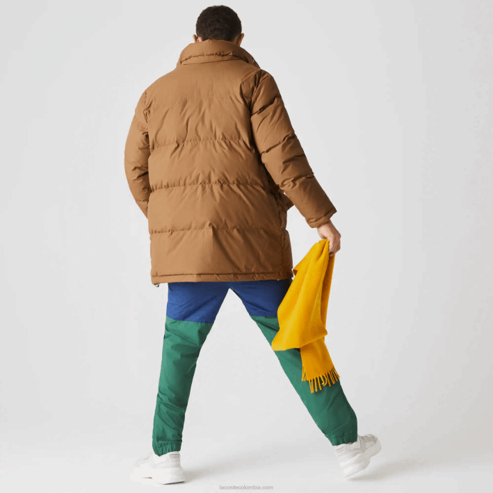 hombres Lacoste 6F241318 marrón z0w abrigo largo acolchado con capucha removible