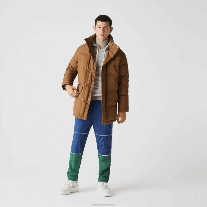 hombres Lacoste 6F241318 marrón z0w abrigo largo acolchado con capucha removible