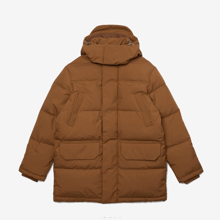 hombres Lacoste 6F241318 marrón z0w abrigo largo acolchado con capucha removible
