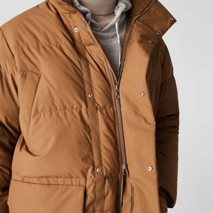 hombres Lacoste 6F241318 marrón z0w abrigo largo acolchado con capucha removible