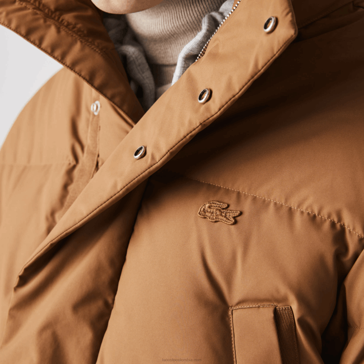 hombres Lacoste 6F241318 marrón z0w abrigo largo acolchado con capucha removible