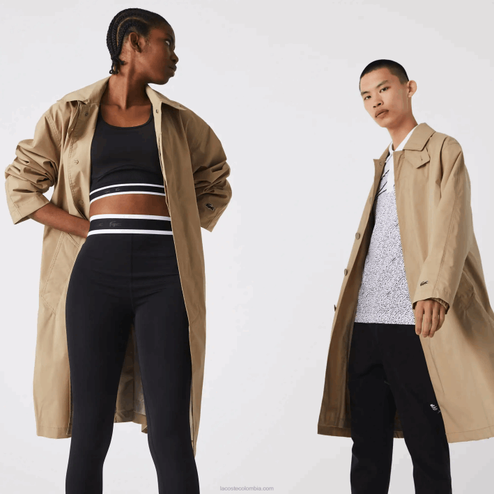 hombres Lacoste 6F241286 beige c5u parka larga ligera resistente al agua con botones