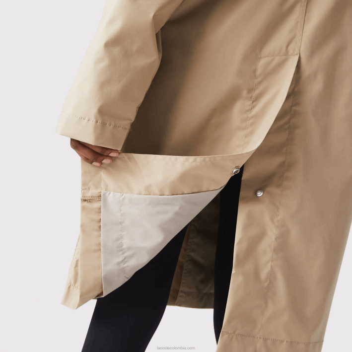 hombres Lacoste 6F241286 beige c5u parka larga ligera resistente al agua con botones