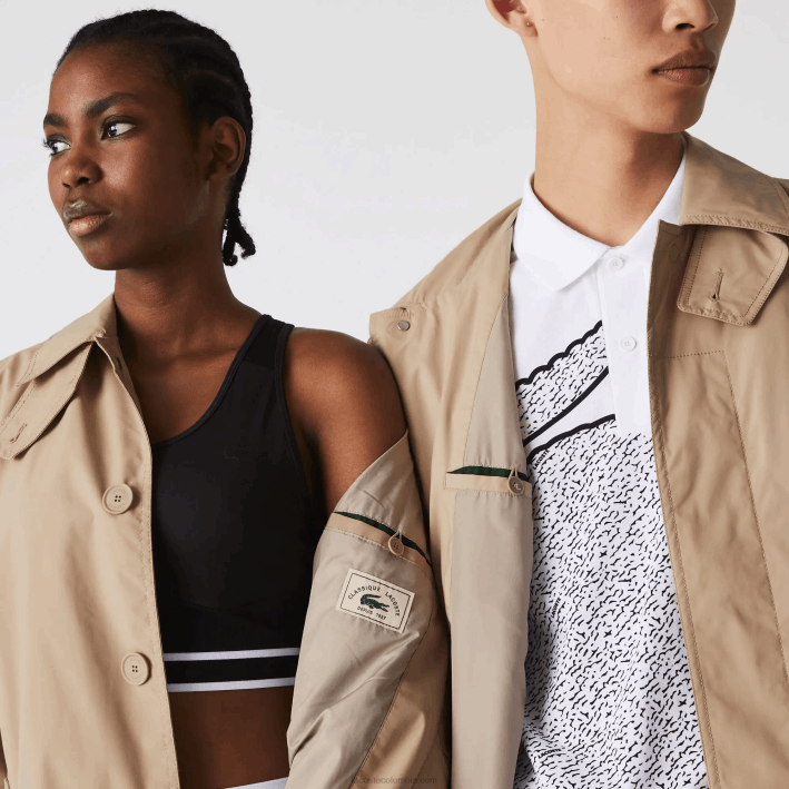 hombres Lacoste 6F241286 beige c5u parka larga ligera resistente al agua con botones