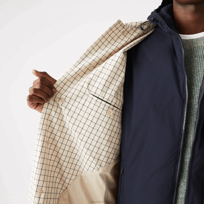 hombres Lacoste 6F241290 beige blanco a8m trinchera de cuadros 3 en 1 heritage