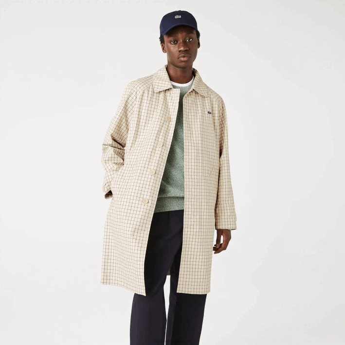 hombres Lacoste 6F241290 beige blanco a8m trinchera de cuadros 3 en 1 heritage