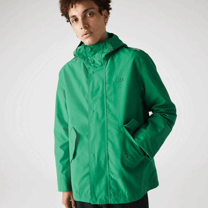 hombres Lacoste 6F241313 ldm verde parka corta con capucha de mezcla de algodón resistente al agua