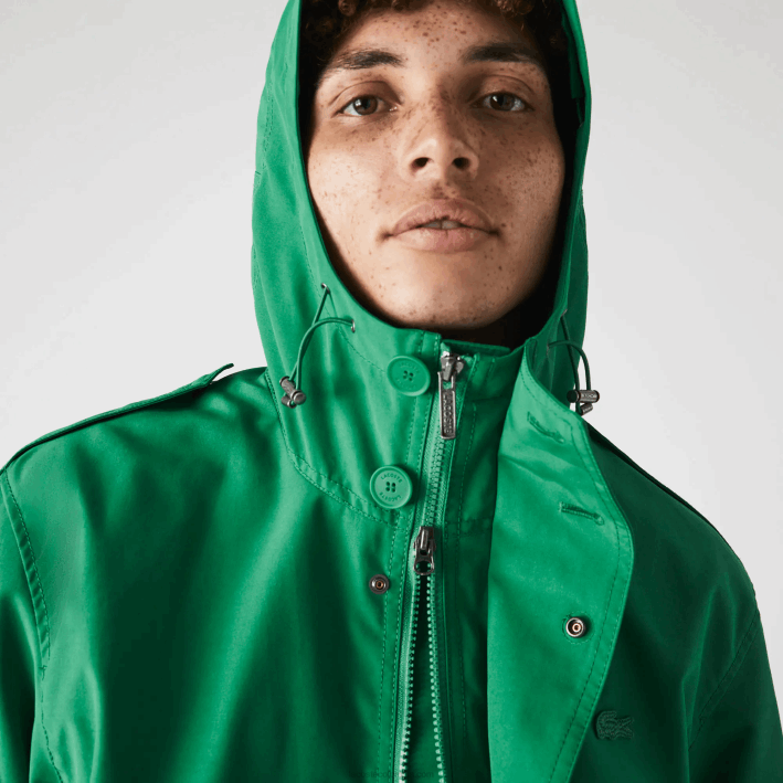 hombres Lacoste 6F241313 ldm verde parka corta con capucha de mezcla de algodón resistente al agua