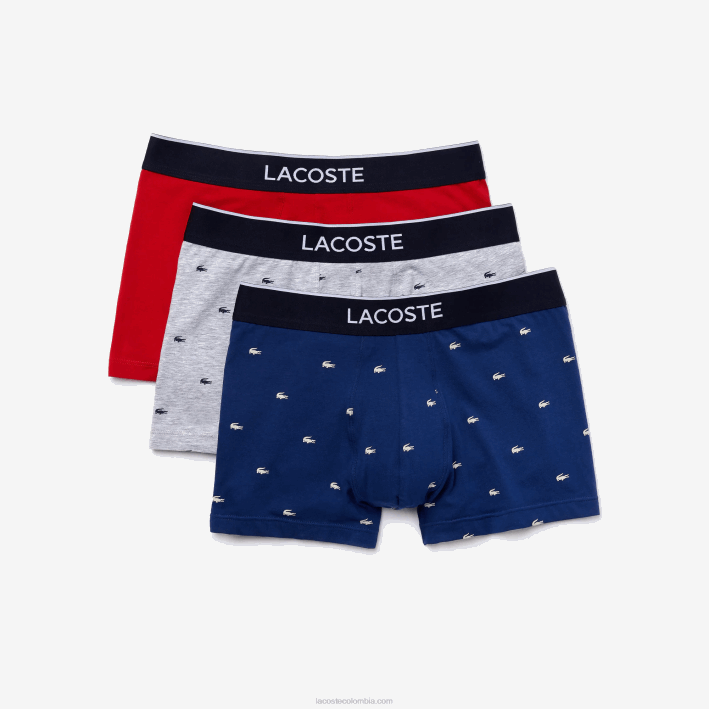 hombres Lacoste 6F241327 azul marino gris rojo chine w3t calzoncillos bóxer casuales de la firma, paquete de 3