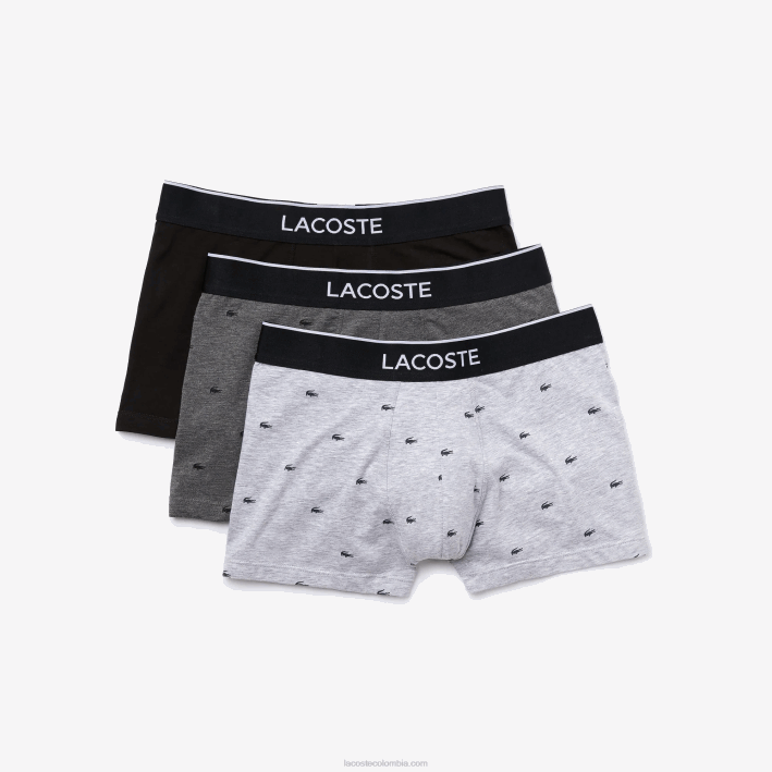 hombres Lacoste 6F241328 lomo gris negro vdp calzoncillos bóxer casuales de la firma, paquete de 3