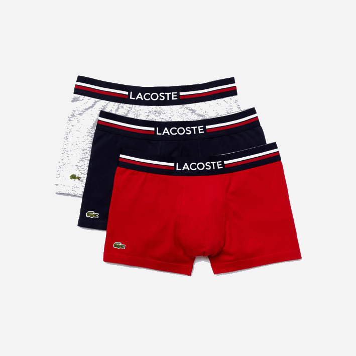 hombres Lacoste 6F241347 azul marino gris rojo chine w34 Pack de 3 calzoncillos icónicos con cinturilla en tres tonos