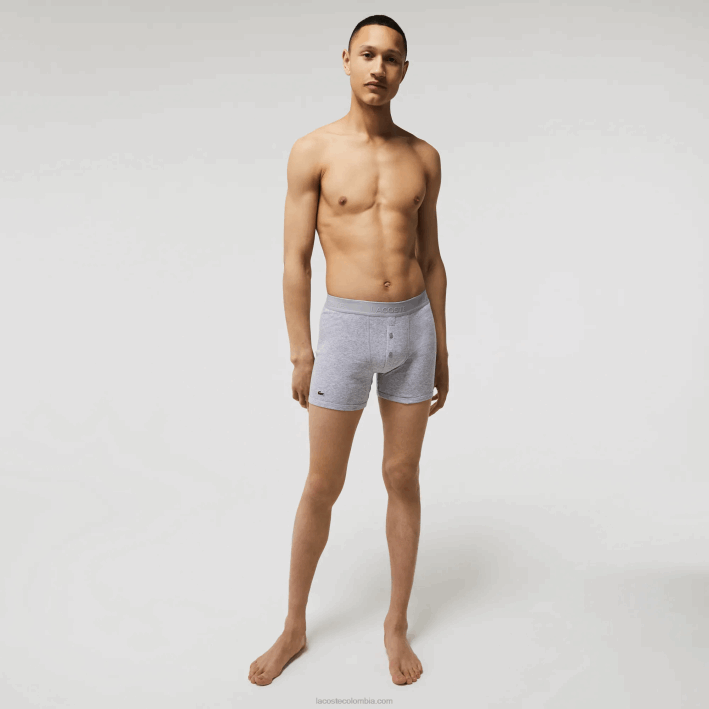 hombres Lacoste 6F241357 rojo gris chino azul marino w46 Pack de 3 calzoncillos bóxer largos de algodón con cintura con letras