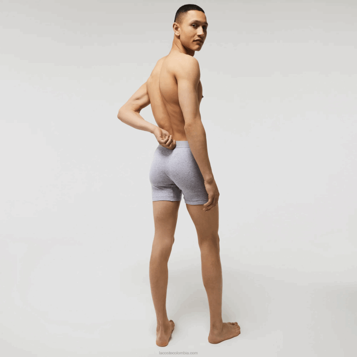 hombres Lacoste 6F241357 rojo gris chino azul marino w46 Pack de 3 calzoncillos bóxer largos de algodón con cintura con letras