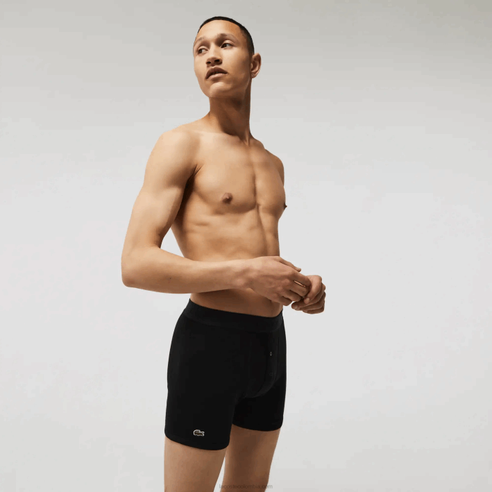 hombres Lacoste 6F241359 lomo gris negro vfu Pack de 3 calzoncillos bóxer largos de algodón con cintura con letras