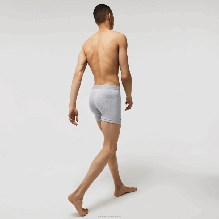hombres Lacoste 6F241359 lomo gris negro vfu Pack de 3 calzoncillos bóxer largos de algodón con cintura con letras