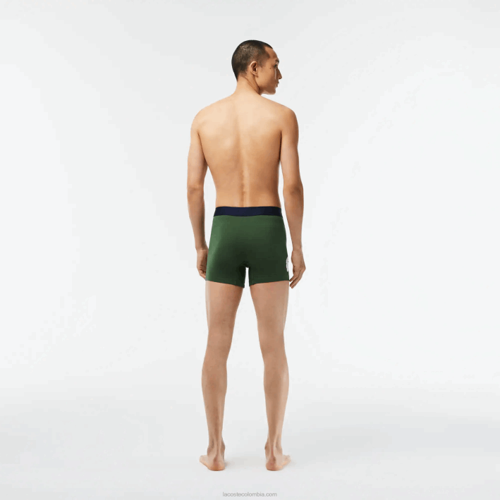 hombres Lacoste 6F241368 verde azul marino blanco p52 Pack de 3 calzoncillos bóxer largos de algodón elástico con cintura de cocodrilo