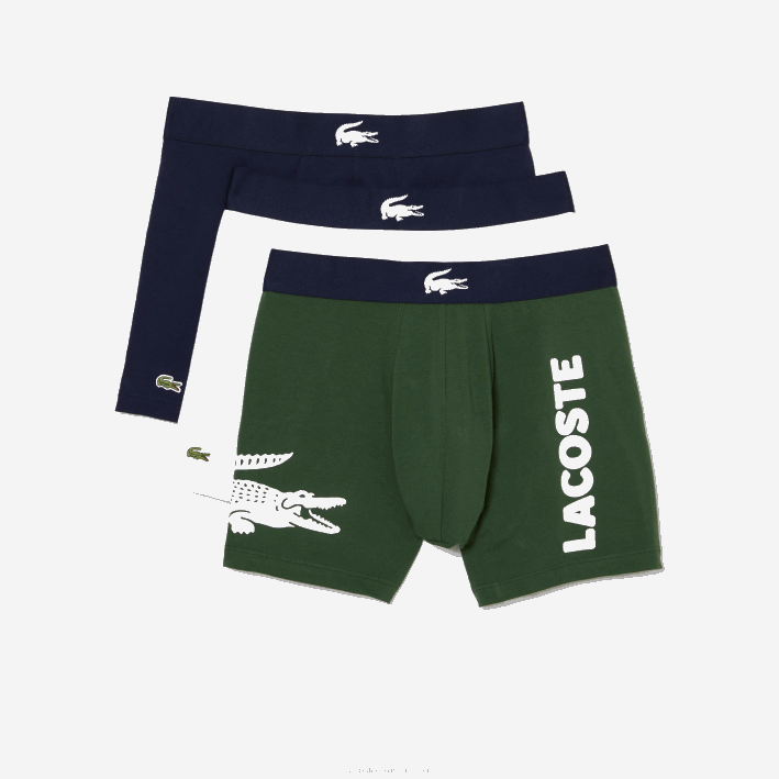 hombres Lacoste 6F241368 verde azul marino blanco p52 Pack de 3 calzoncillos bóxer largos de algodón elástico con cintura de cocodrilo