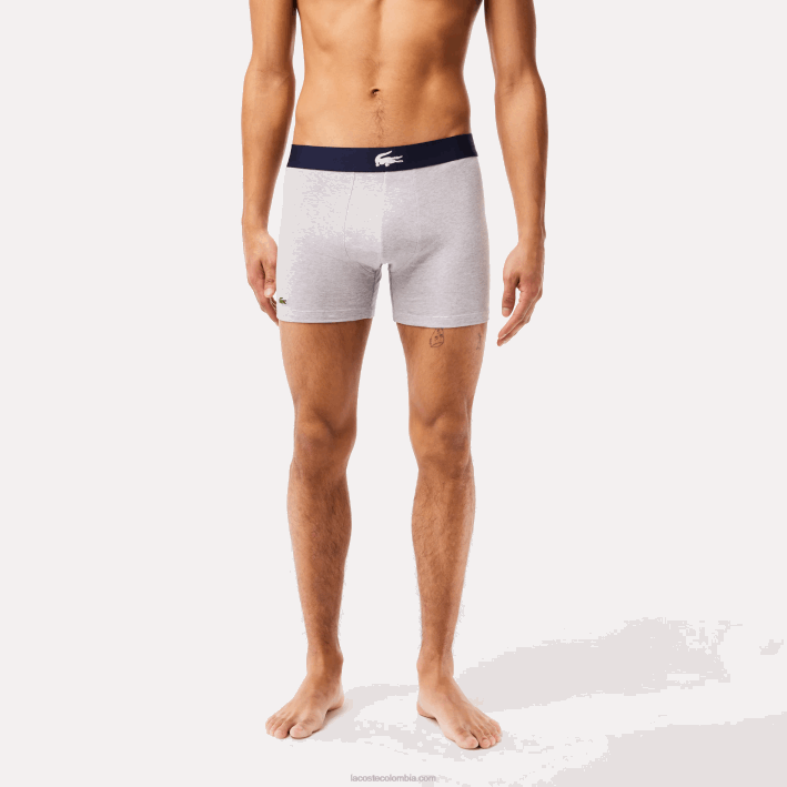 hombres Lacoste 6F241369 blanco gris chino azul marino bck Pack de 3 calzoncillos bóxer largos de algodón elástico con cintura de cocodrilo