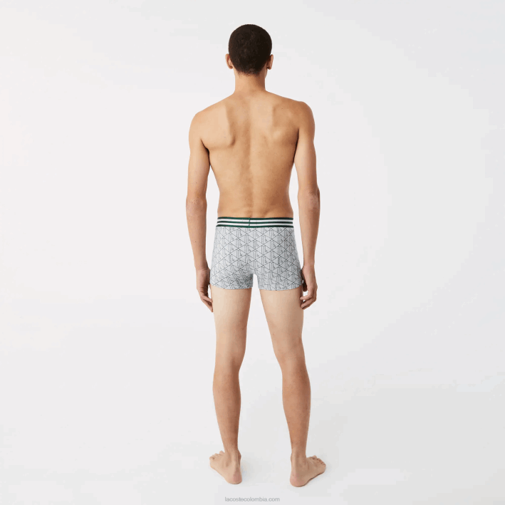 hombres Lacoste 6F241396 gris chino blanco azul marino tya Pack de 3 calzoncillos de algodón elástico con cintura a rayas
