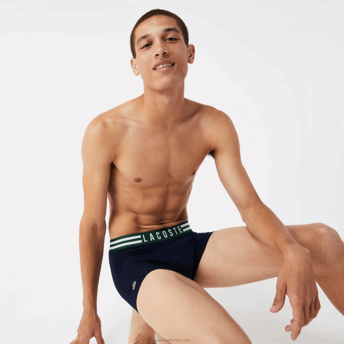 hombres Lacoste 6F241396 gris chino blanco azul marino tya Pack de 3 calzoncillos de algodón elástico con cintura a rayas