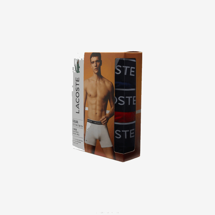 hombres Lacoste 6F241404 azul marino rojo azul marino w64 Pack de 3 calzoncillos bóxer largos de algodón elástico
