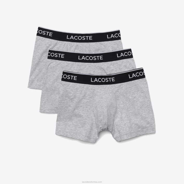 hombres Lacoste 6F241407 lomo gris cca Pack de 3 calzoncillos bóxer largos de algodón elástico