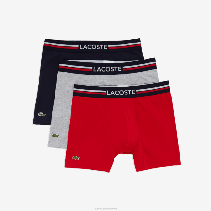 hombres Lacoste 6F241420 azul marino gris rojo chine w34 Pack de 3 calzoncillos boxer largos de algodón