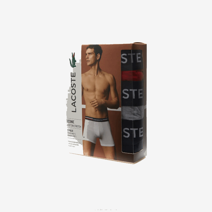 hombres Lacoste 6F241420 azul marino gris rojo chine w34 Pack de 3 calzoncillos boxer largos de algodón