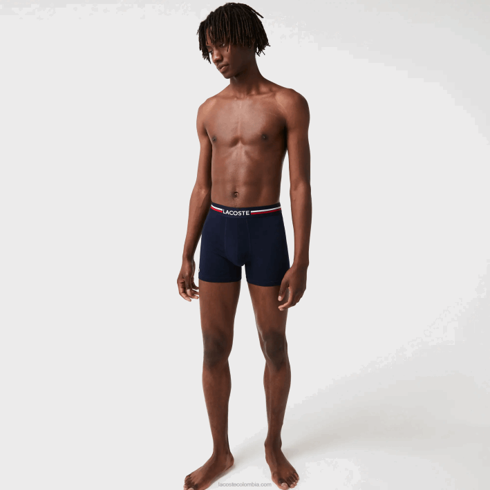 hombres Lacoste 6F241424 azul marino blanco 525 Pack de 3 calzoncillos bóxer largos de punto de algodón elástico