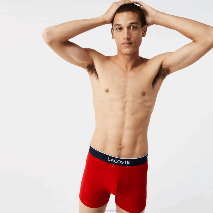 hombres Lacoste 6F241428 azul marino gris rojo chine w3t Pack de 3 calzoncillos bóxer largos de algodón elástico con cintura de la marca