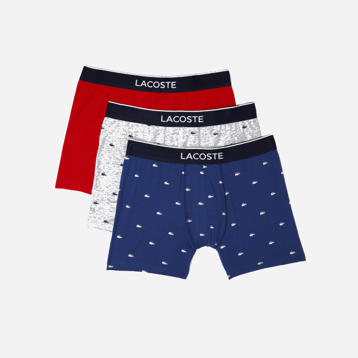 hombres Lacoste 6F241428 azul marino gris rojo chine w3t Pack de 3 calzoncillos bóxer largos de algodón elástico con cintura de la marca