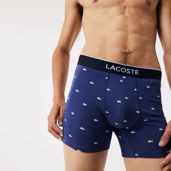 hombres Lacoste 6F241428 azul marino gris rojo chine w3t Pack de 3 calzoncillos bóxer largos de algodón elástico con cintura de la marca