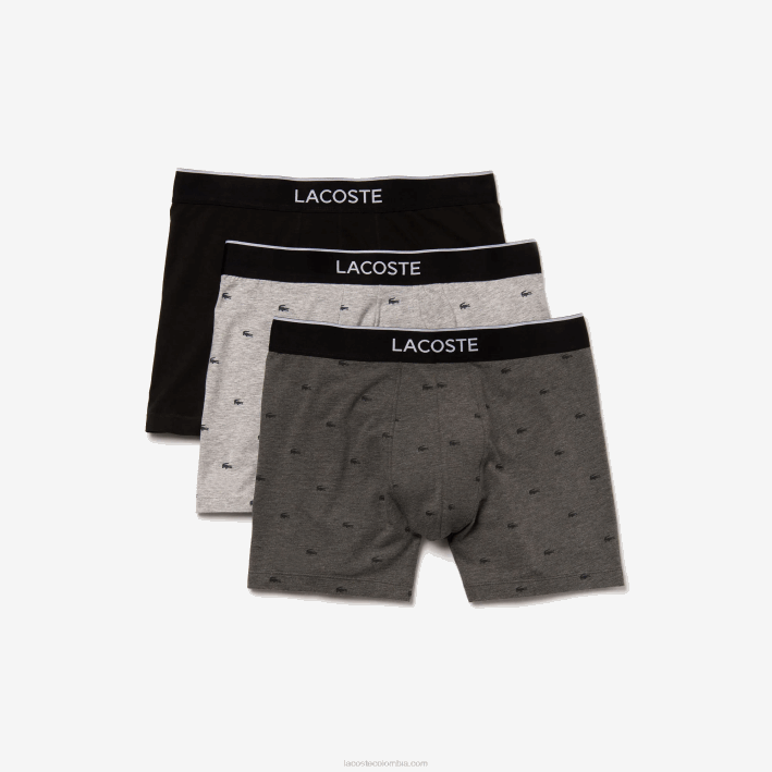 hombres Lacoste 6F241429 lomo gris negro vdp Pack de 3 calzoncillos bóxer largos de algodón elástico con cintura de la marca