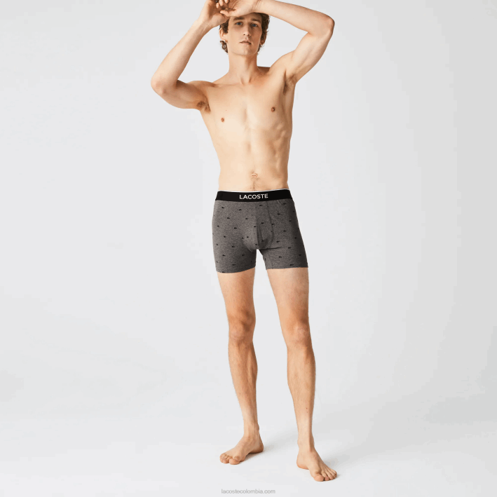 hombres Lacoste 6F241429 lomo gris negro vdp Pack de 3 calzoncillos bóxer largos de algodón elástico con cintura de la marca