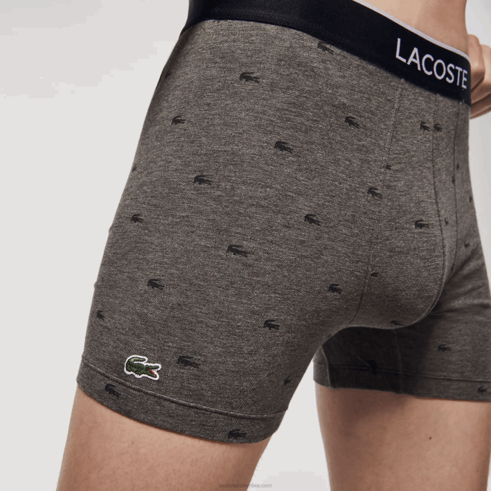 hombres Lacoste 6F241429 lomo gris negro vdp Pack de 3 calzoncillos bóxer largos de algodón elástico con cintura de la marca