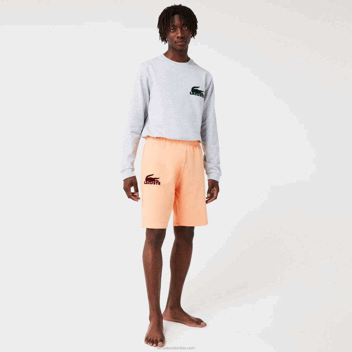 hombres Lacoste 6F241482 naranja claro burdeos rz6 shorts de salón de felpa de algodón con cocodrilo aterciopelado