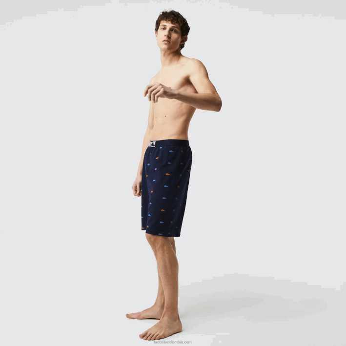hombres Lacoste 6F241499 azul marino blanco qrn shorts de interior polar de algodón con estampado de cocodrilos