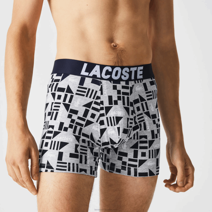hombres Lacoste 6F241524 gris chino azul marino blanco 5kc pack de 3 calzoncillos bóxer con estampado náutico