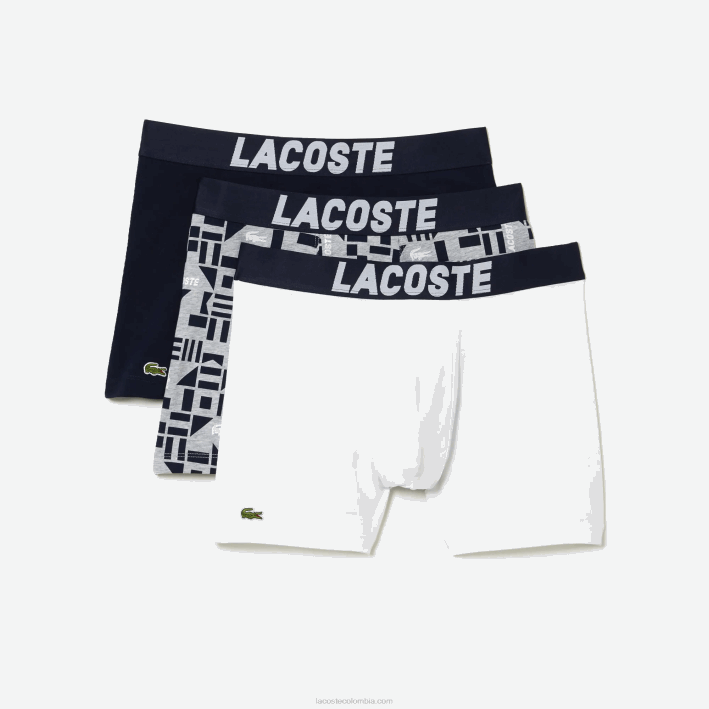 hombres Lacoste 6F241524 gris chino azul marino blanco 5kc pack de 3 calzoncillos bóxer con estampado náutico