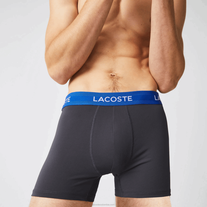 hombres Lacoste 6F241528 gris oscuro rojo azul negro 8w3 Pack de 3 calzoncillos de microfibra con cintura a rayas
