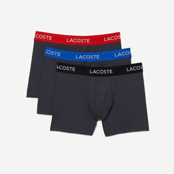 hombres Lacoste 6F241528 gris oscuro rojo azul negro 8w3 Pack de 3 calzoncillos de microfibra con cintura a rayas