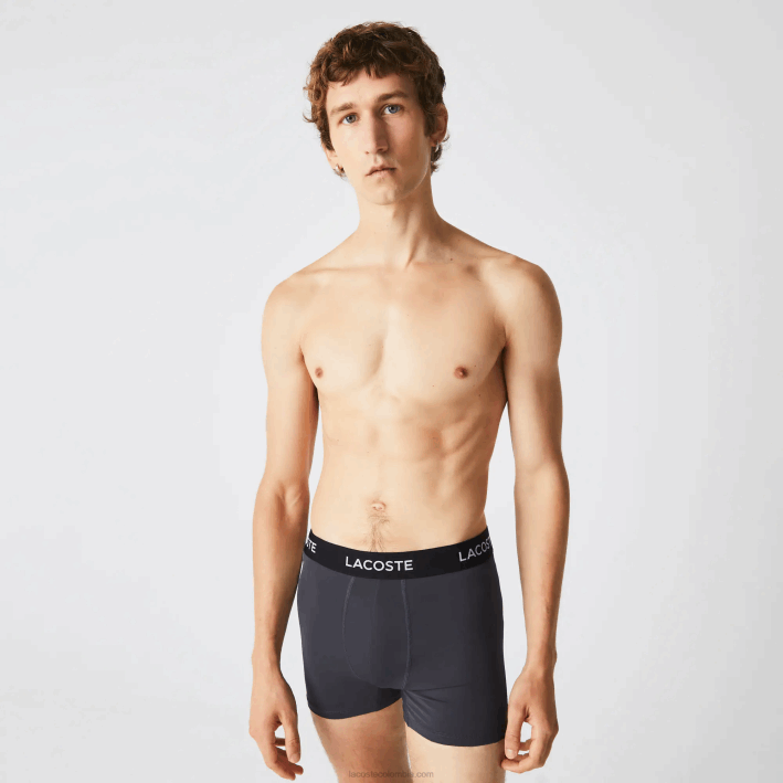 hombres Lacoste 6F241528 gris oscuro rojo azul negro 8w3 Pack de 3 calzoncillos de microfibra con cintura a rayas