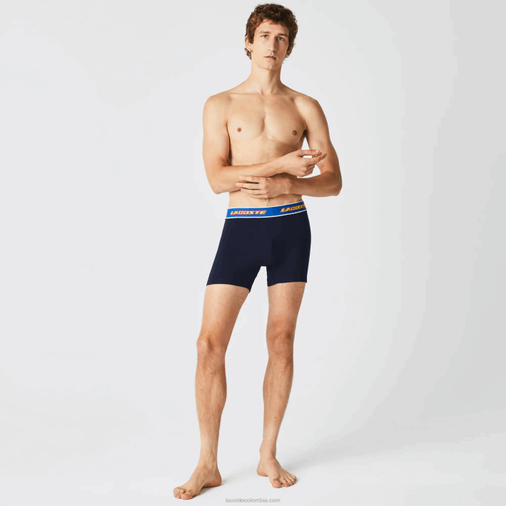 hombres Lacoste 6F241565 azul marino rojo blanco azul lnz Pack de 3 calzoncillos bóxer con cintura en contraste