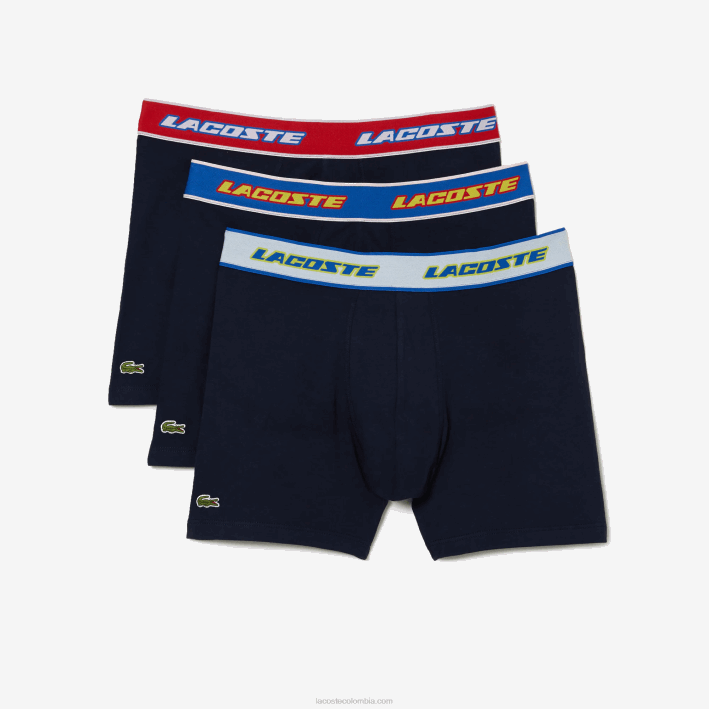 hombres Lacoste 6F241565 azul marino rojo blanco azul lnz Pack de 3 calzoncillos bóxer con cintura en contraste